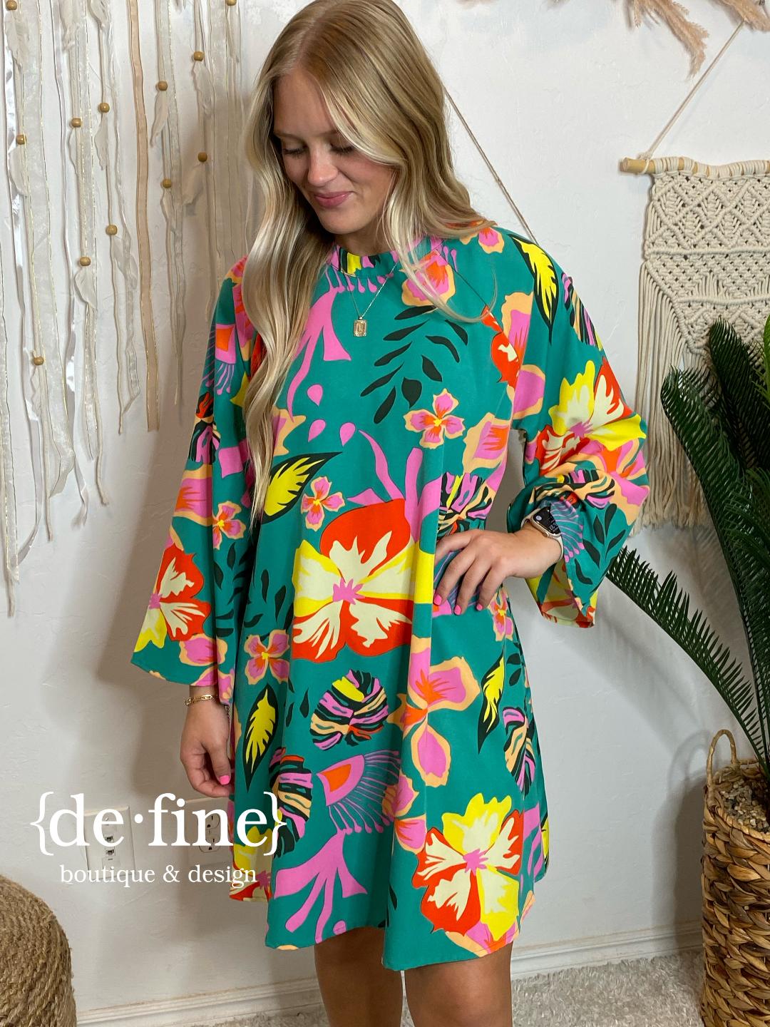Tropical Turquoise Floral Dress with Butterfly Sleeves and Cut Out Back