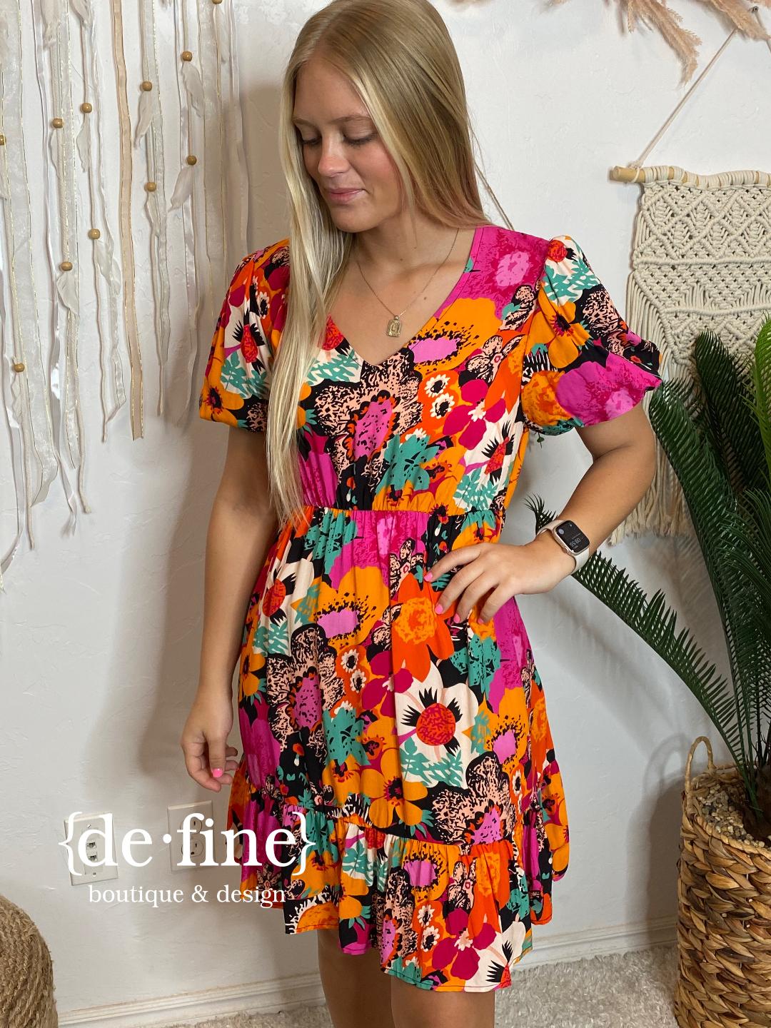 Miami Bright Multi Flowered V-Neck Dress