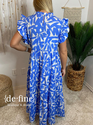 Periwinkle Maxi Dress with Brush Strokes and Ruffles Detail