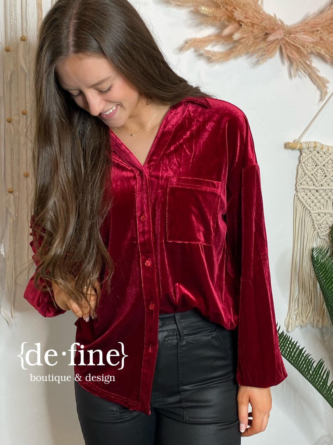 Wine Velour Button Up Oversized Top in Regular and Curvy