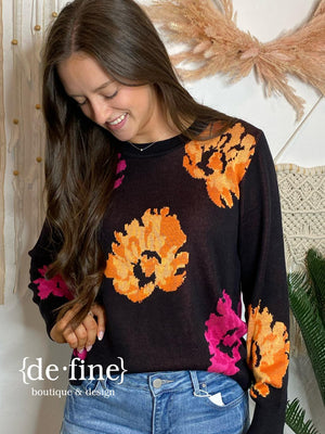 Black Sweater with Large Pink and Orange Flowers