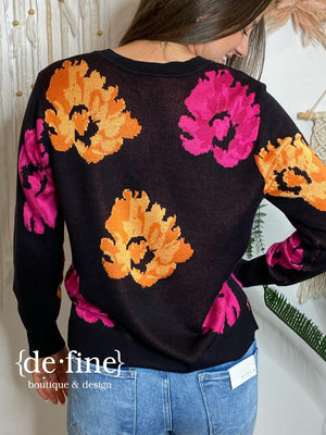 Black Sweater with Large Pink and Orange Flowers