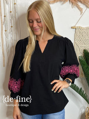 Black Blouse with Hot Pink Embroidered Sleeve