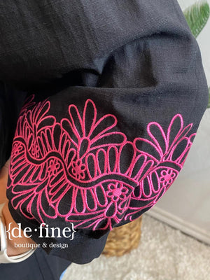 Black Blouse with Hot Pink Embroidered Sleeve