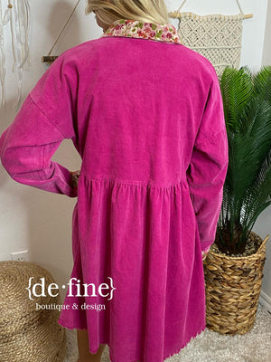 Washed Magenta Corduroy Dress with Floral Pockets and Collar