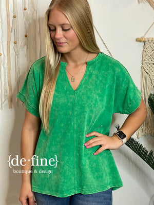 Fuchsia or Green Mineral Washed V-Neck Tee