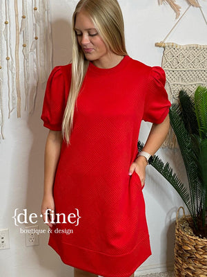 Red Patterned Dress with Puff Sleeves