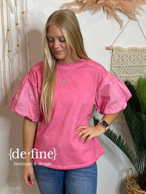 Pink or Mint Washed Tee with Bubble Sleeves