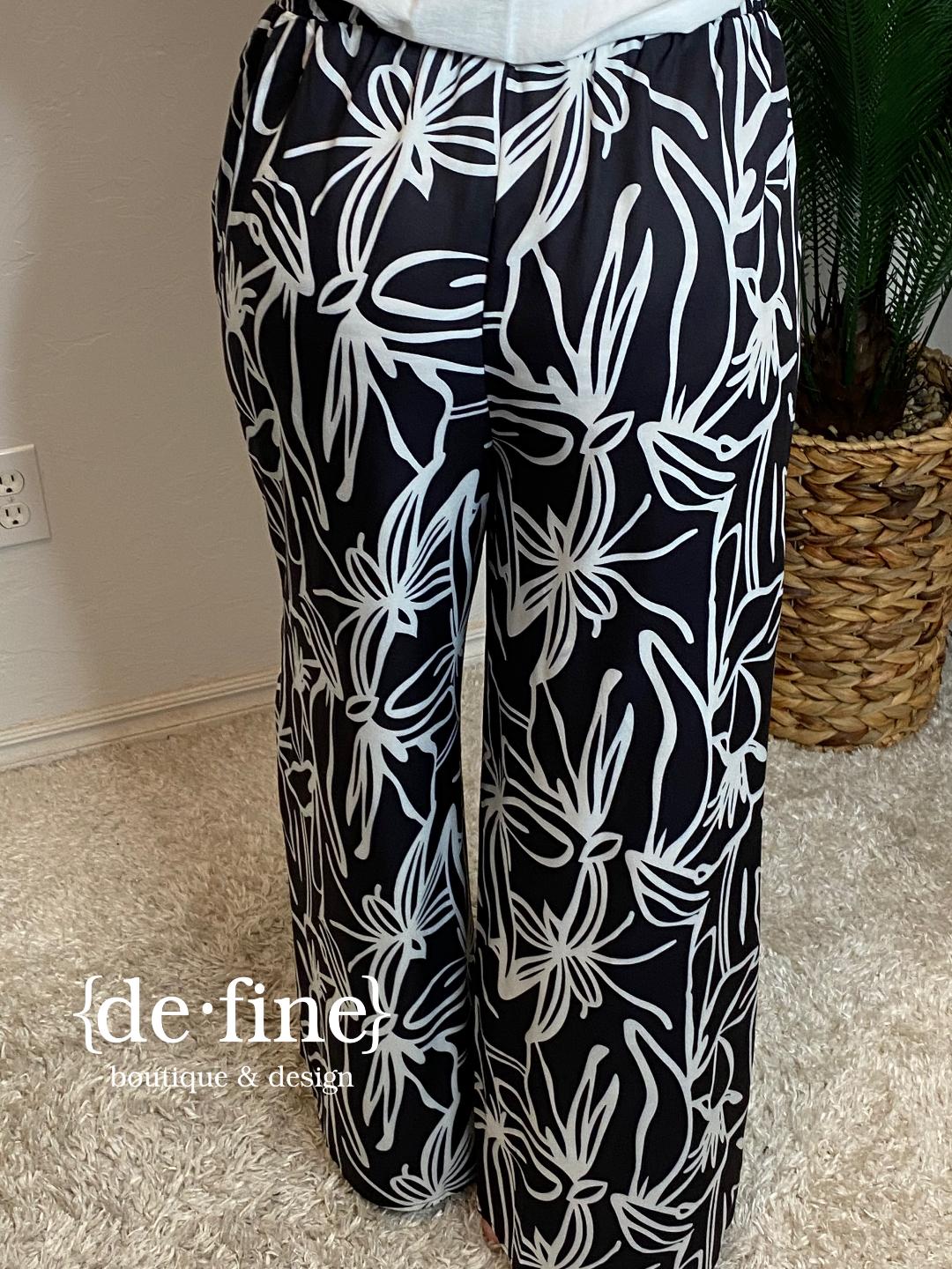 Black and White Floral Wide Leg Pants