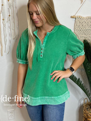 Green or Pink Thermal Henley Top with Bubble Sleeves
