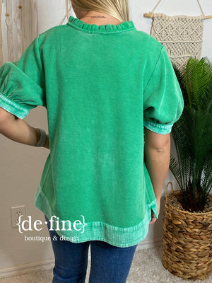 Green or Pink Thermal Henley Top with Bubble Sleeves