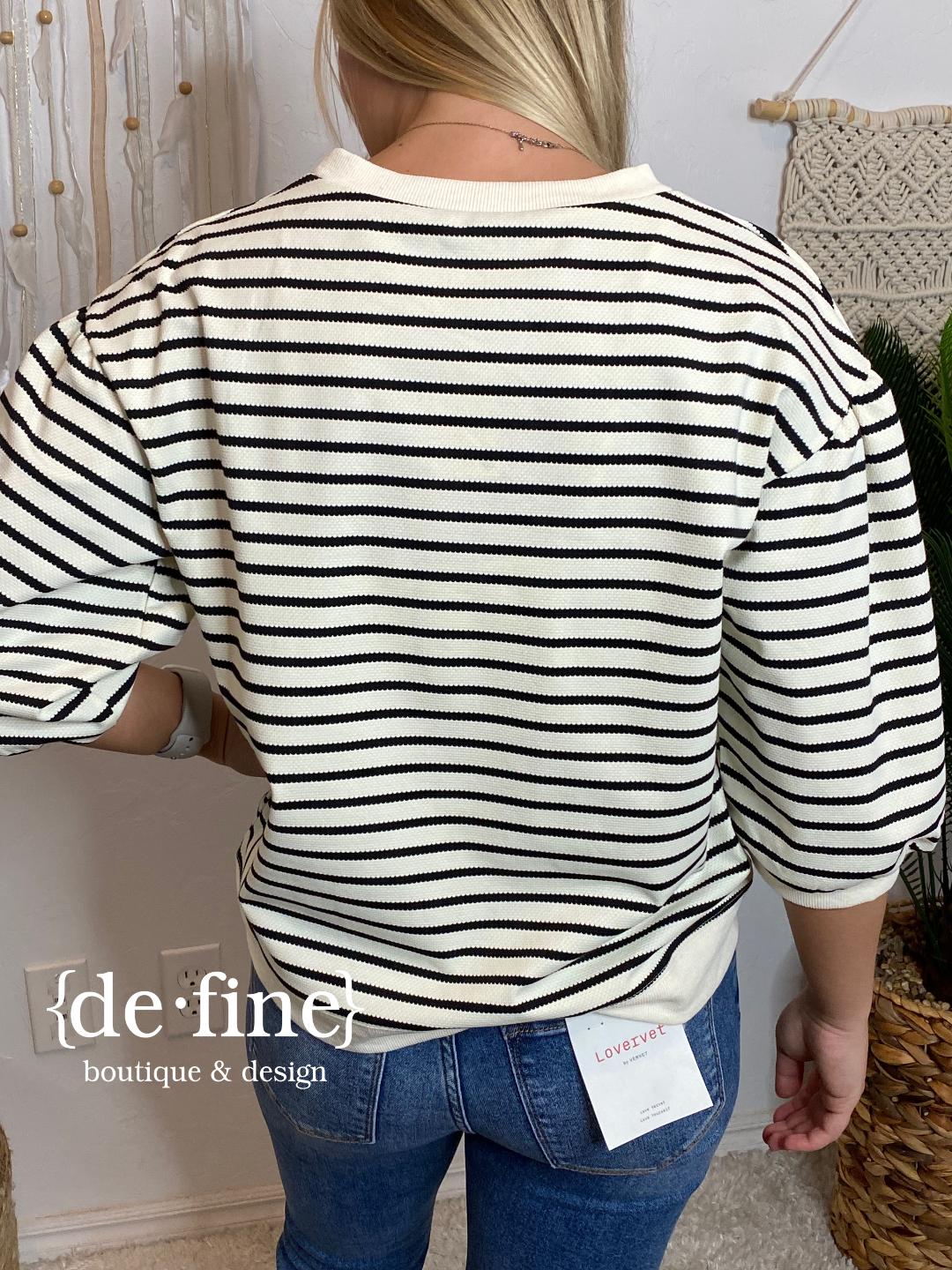 Natural & Black Striped 3/4 Sleeve Top