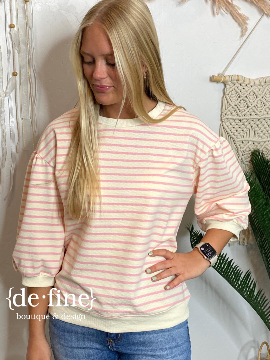 Natural & Pink Striped Textured 3/4 Sleeve Top in Curvy