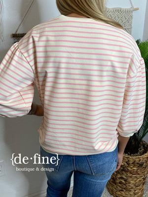 Natural & Pink Striped Textured 3/4 Sleeve Top in Curvy