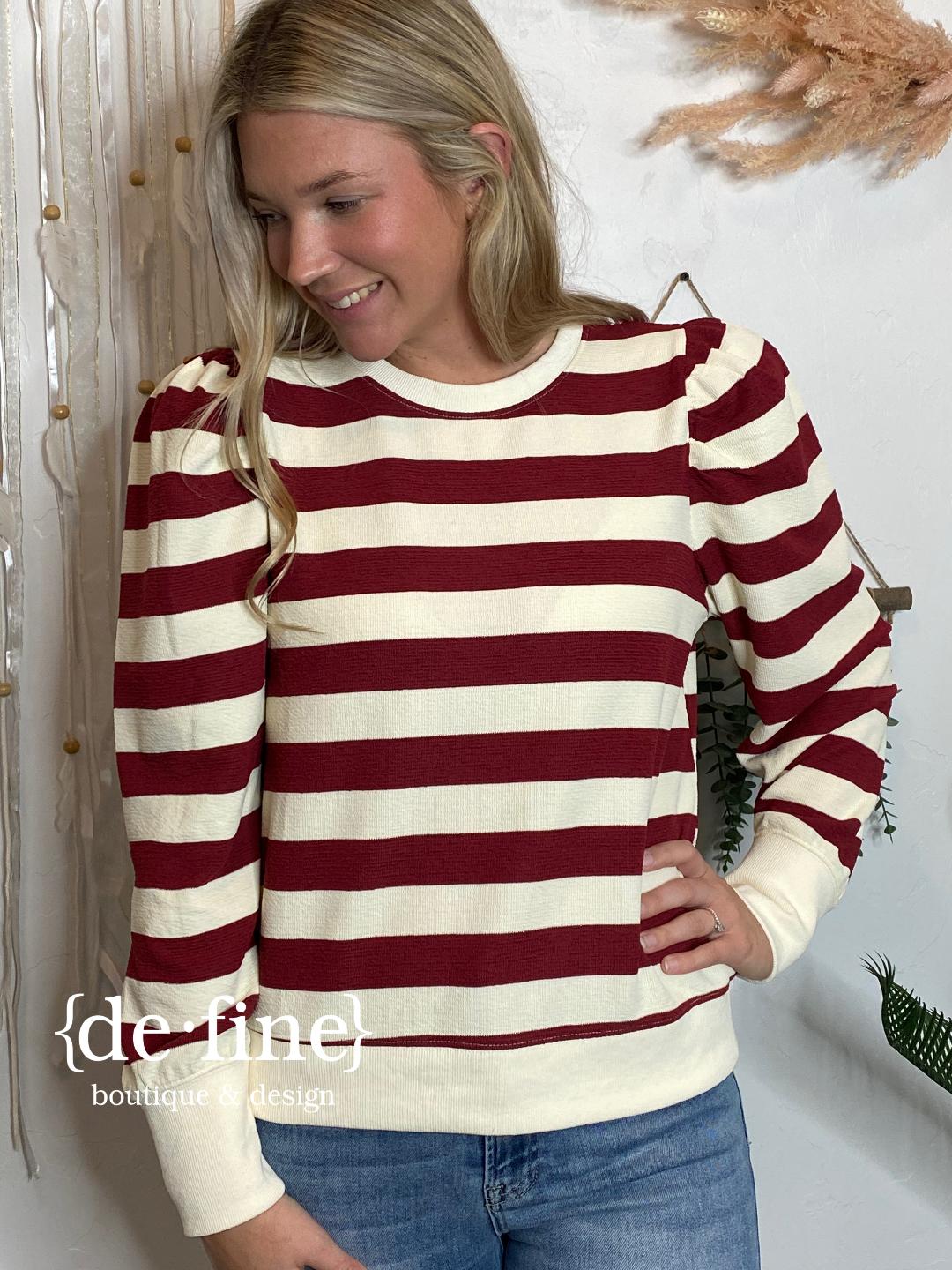 Crimson or Black and Cream Wide Striped Pullover S-XL