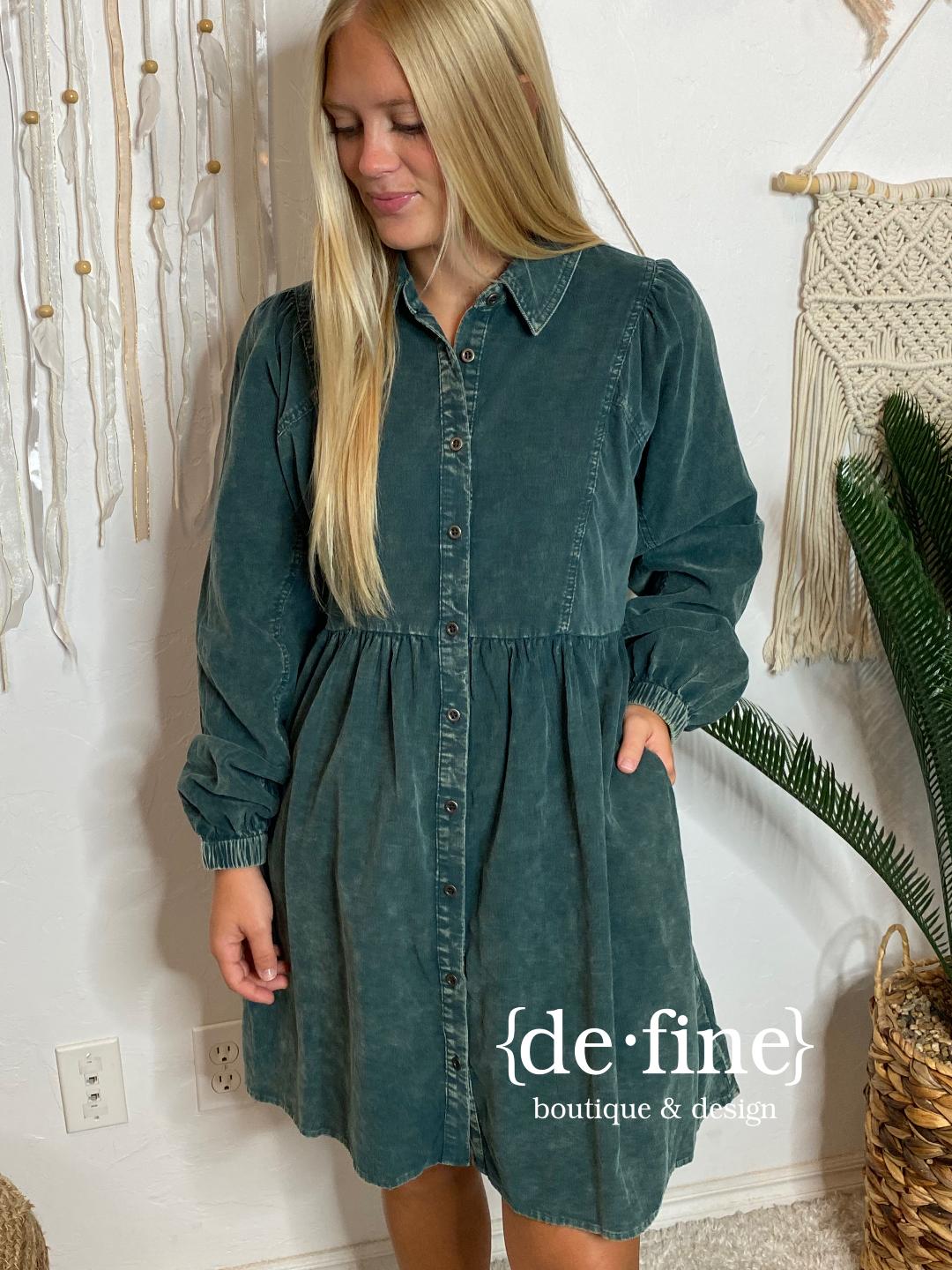 Hunter Green Long Sleeve Midi Corduroy Dress