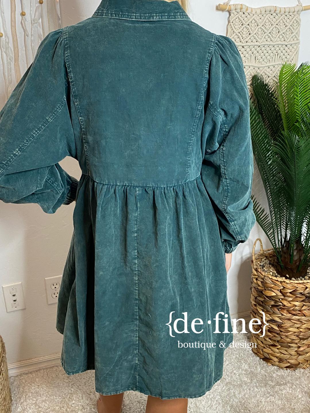 Hunter Green Long Sleeve Midi Corduroy Dress