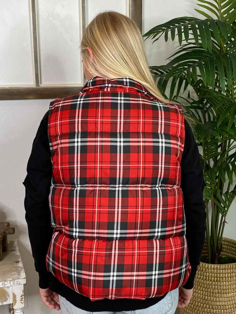 Red Black and White Plaid Puffer Vest