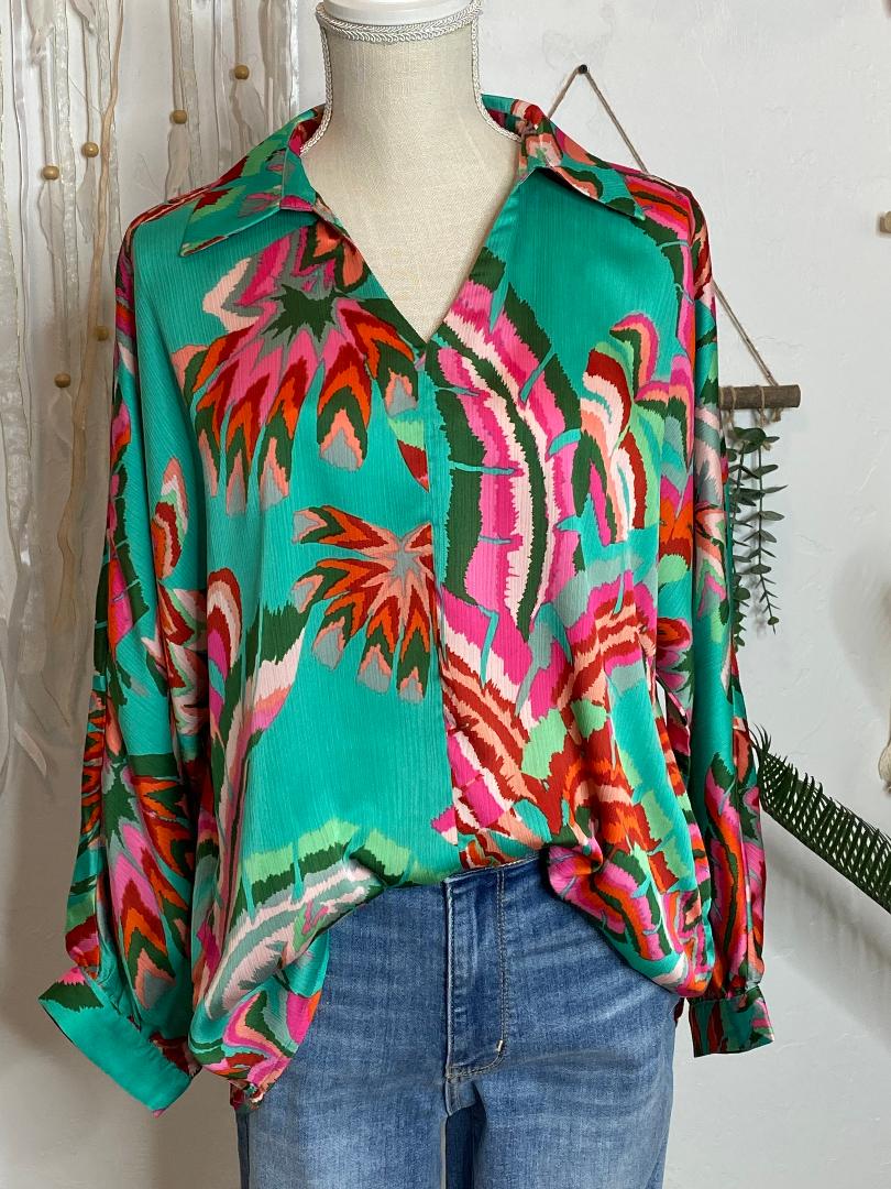 Seafoam Floral V-Neck Blouse S-XL