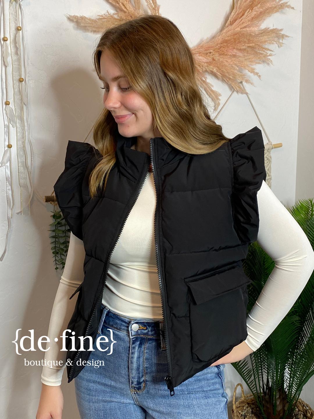 Puffy Vest with Ruffle Sleeves in Black or Hunter Green