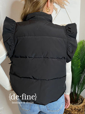 Puffy Vest with Ruffle Sleeves in Black or Hunter Green