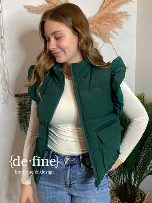 Puffy Vest with Ruffle Sleeves in Black or Hunter Green