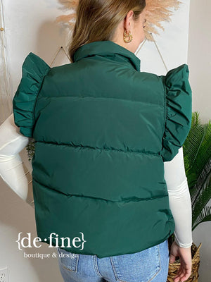 Puffy Vest with Ruffle Sleeves in Black or Hunter Green