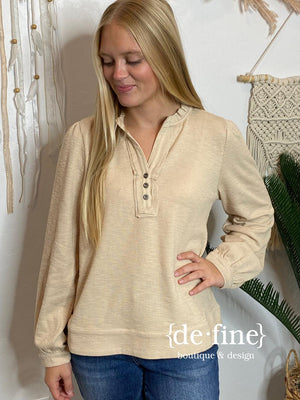 Ribbed Oatmeal Henley with Ruffle Neck S-XL