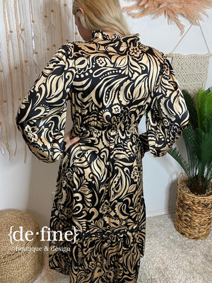 Black & Tan Satin Floral Midi Dress S-XL