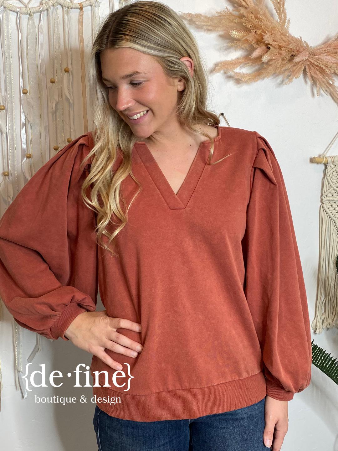 V-Neck Mineral Washed Top with Pleated Sleeves in 2 Colors