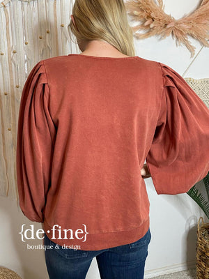 V-Neck Mineral Washed Top with Pleated Sleeves in 2 Colors