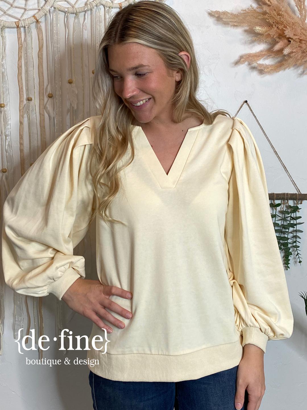 V-Neck Mineral Washed Top with Pleated Sleeves in 2 Colors