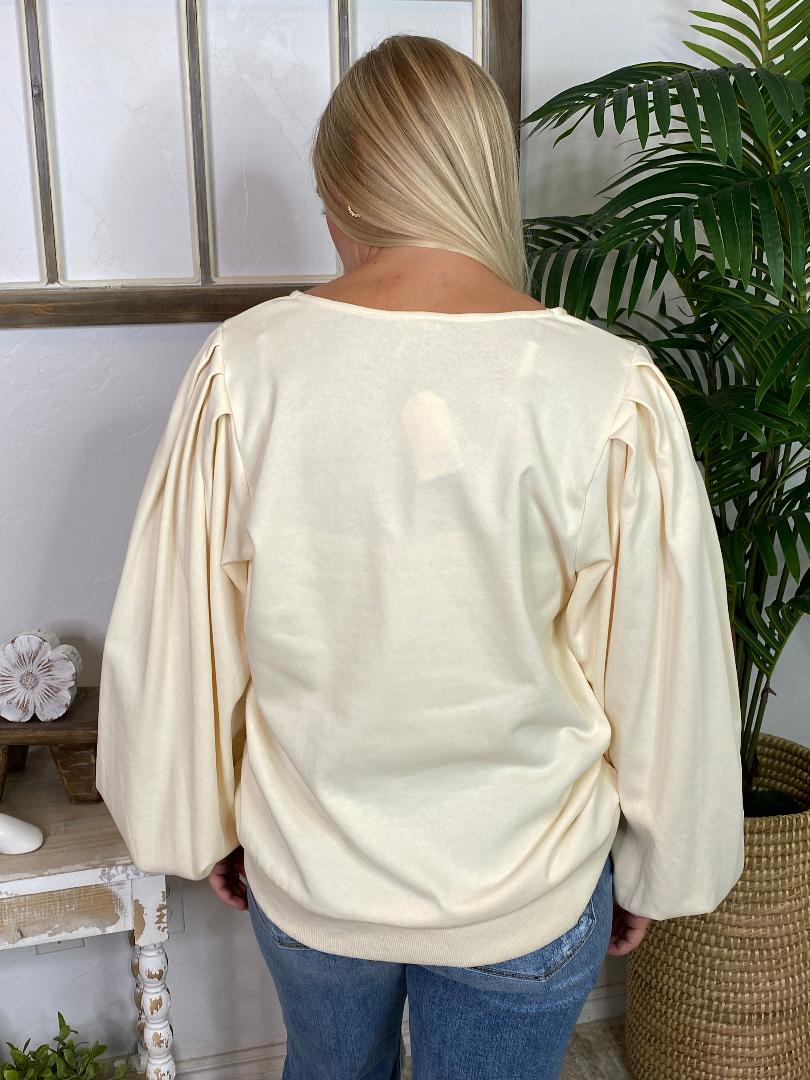 Cream V-Neck Mineral Washed Top with Pleated Sleeves