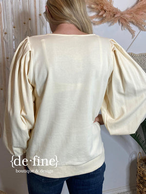 V-Neck Mineral Washed Top with Pleated Sleeves in 2 Colors