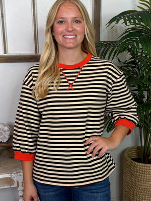 Vintage Black and White Stripe with Orange Trim 3/4 Sleeve Top
