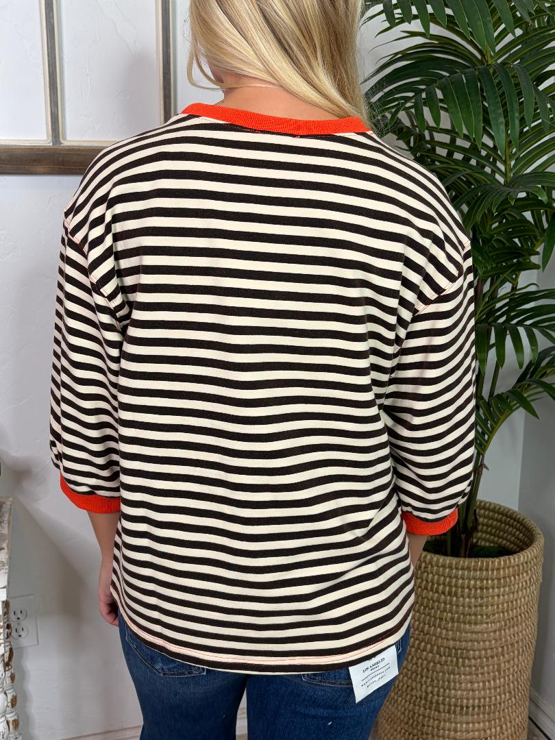 Vintage Black and White Stripe with Orange Trim 3/4 Sleeve Top
