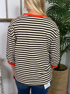 Vintage Black and White Stripe with Orange Trim 3/4 Sleeve Top