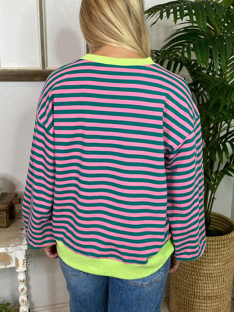 Pink and Green Striped Sweatshirt