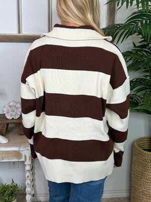 Brown and Cream Striped 1/4 Zip Pullover