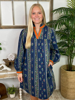 Navy and Orange Floral Dress
