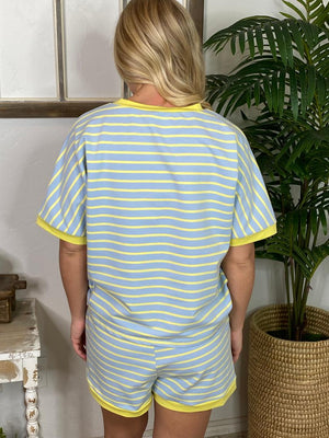 Blue and Yellow Striped Shorts Set