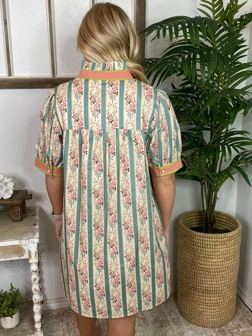 Floral Stripes Midi V-Neck Dress