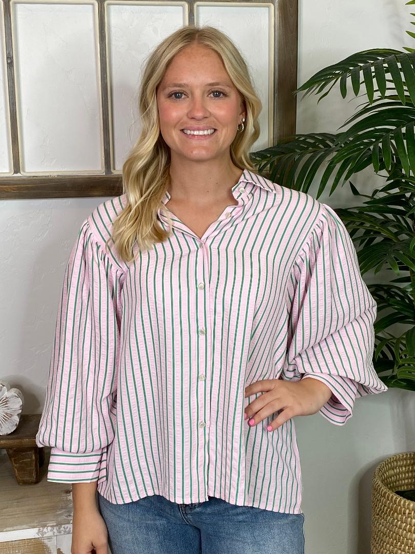 Pink and Green Striped Button Up Top