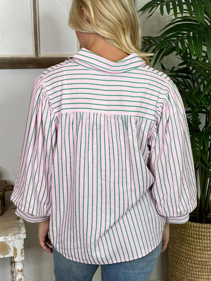 Pink and Green Striped Button Up Top