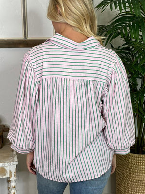 Pink and Green Striped Button Up Top