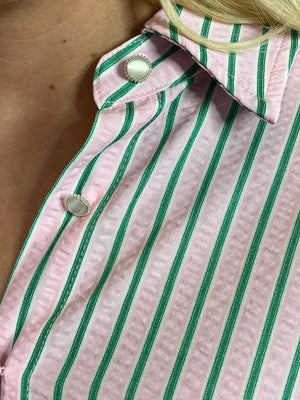 Pink and Green Striped Button Up Top