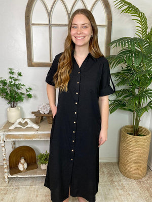 Black Maxi Dress with Gold Buttons