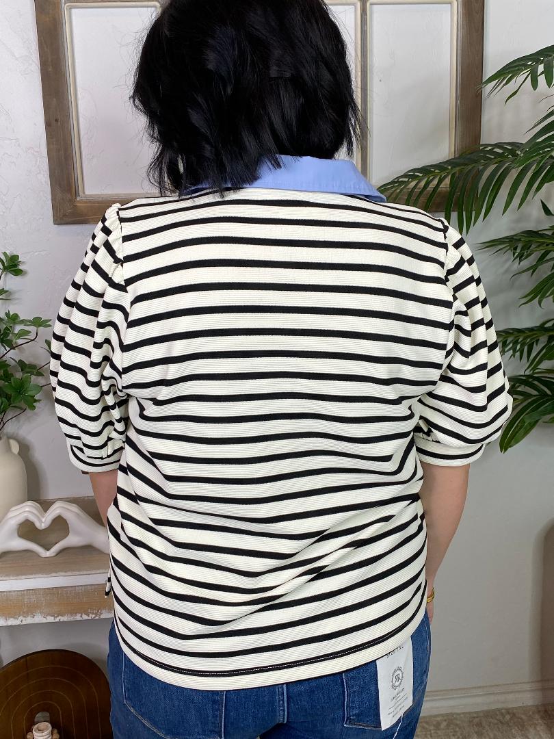 Black and Cream Striped Top with Blue Trim