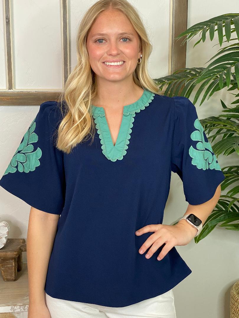 Navy Top with Green Scalloped Trim V-Neck Top