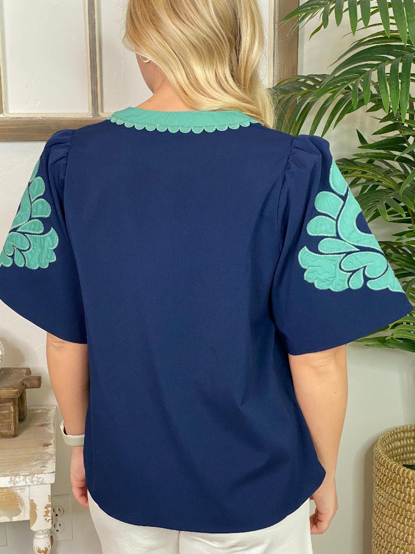 Navy Top with Green Scalloped Trim V-Neck Top